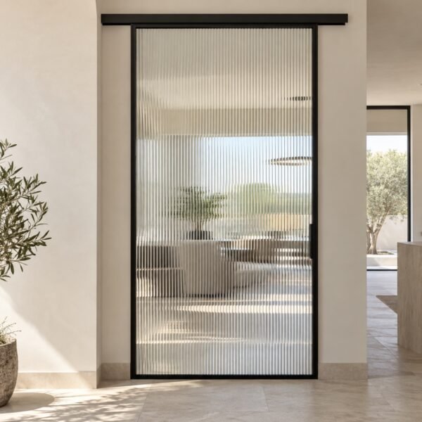 Straight front view of a clear fluted glass sliding door in a slim matte black frame, indoors.