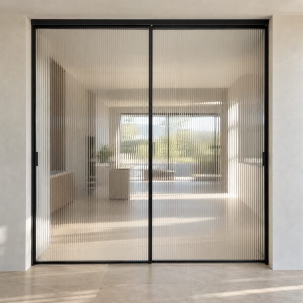 Straight-on product photo of F05 clear fluted glass double sliding doors in slim matte black frames.