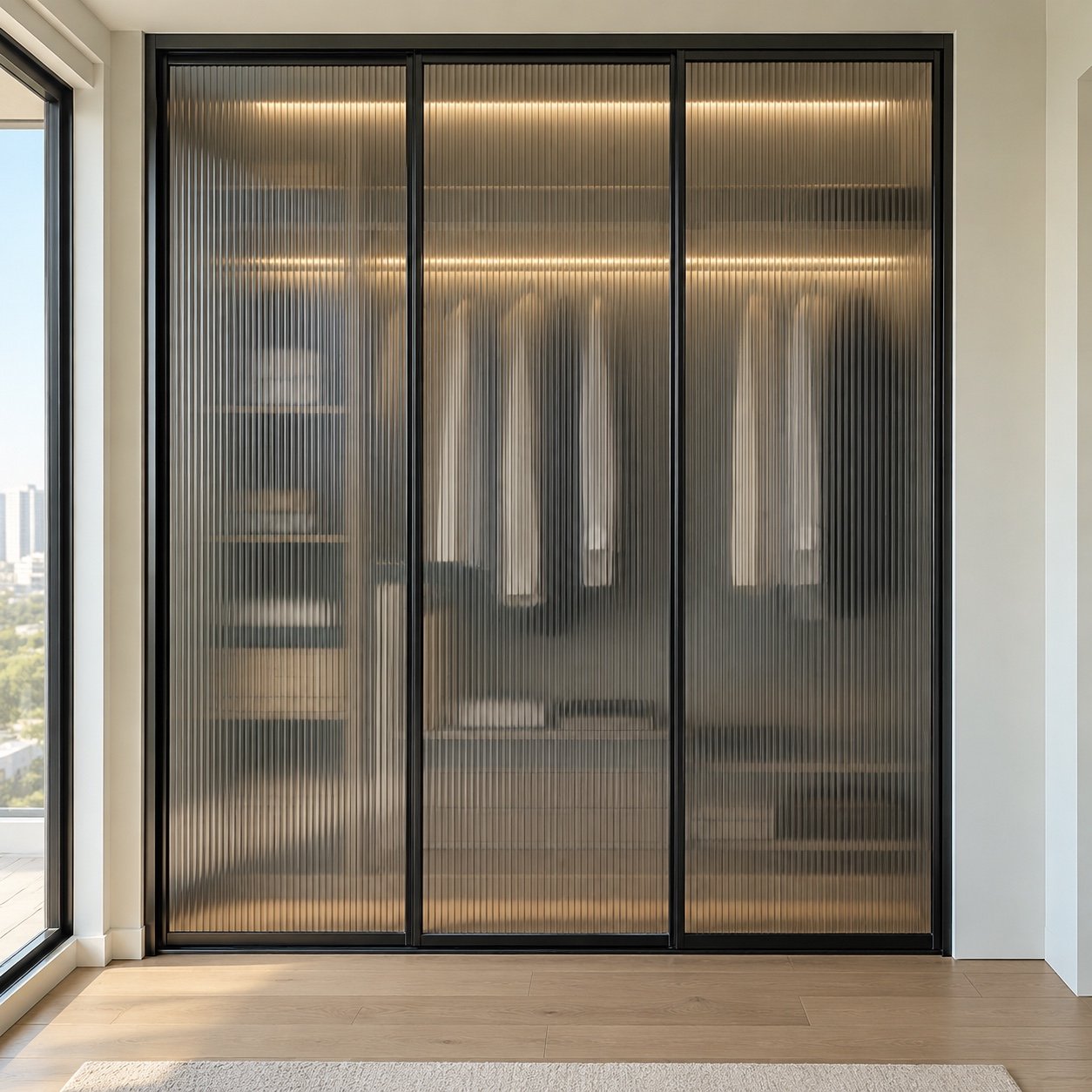 Front view of three grey-tinted fluted glass wardrobe doors in slim black aluminium frames with soft LED lighting.