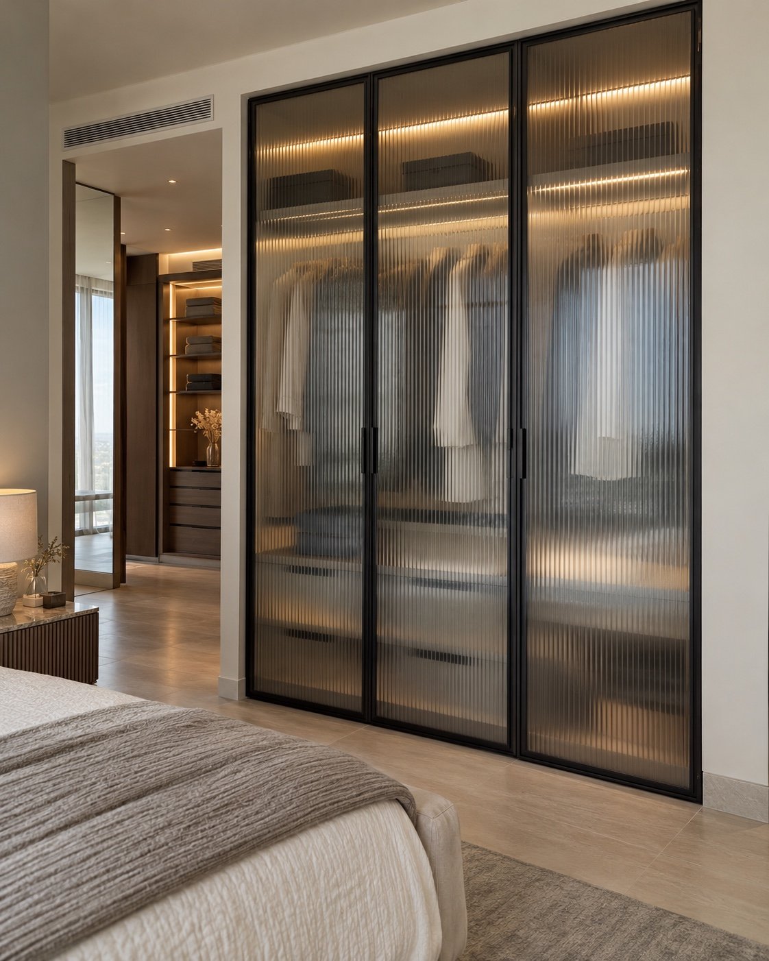 Three fluted glass wardrobe doors in a modern UAE master bedroom and walk-in wardrobe area.