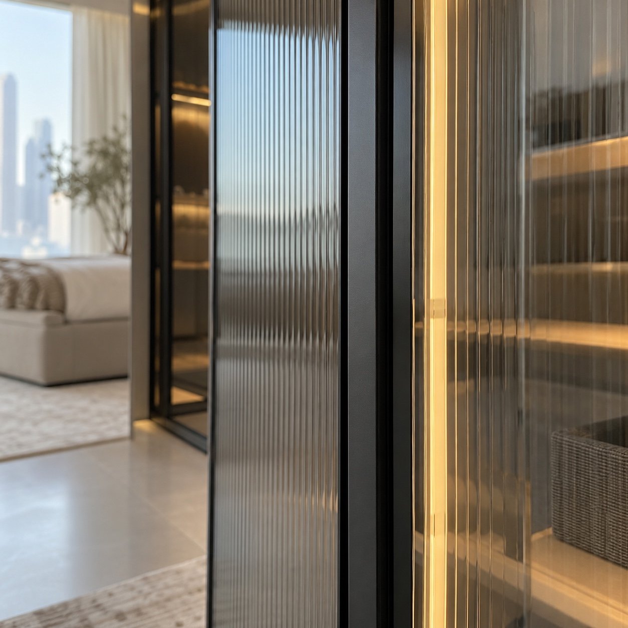 Close-up of reeded grey glass, matte-black aluminium frame edge and warm LED glow.