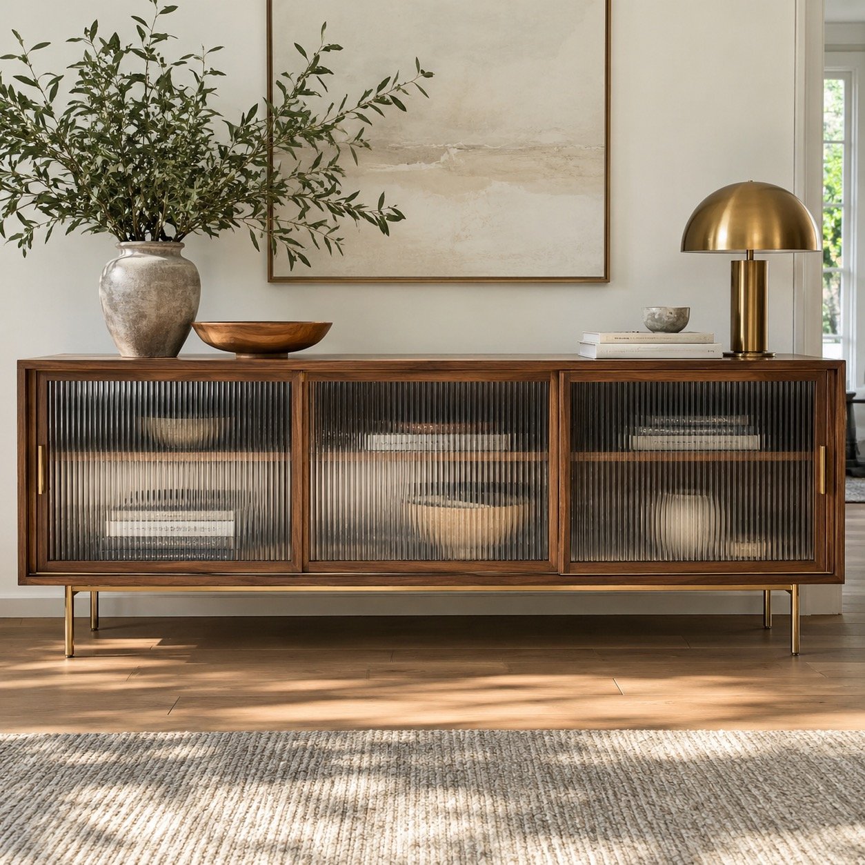 F18 fluted glass sideboard in walnut frame with brushed brass legs, straight front view