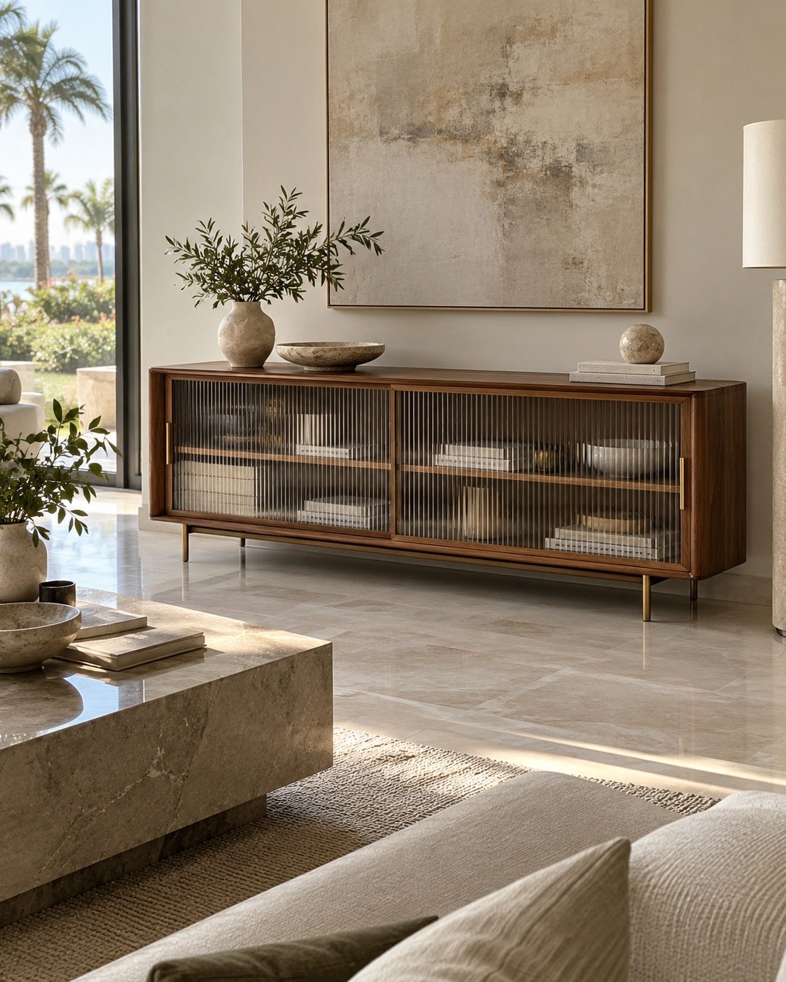 F18 fluted glass sideboard in a modern Abu Dhabi villa living room beside a neutral sofa