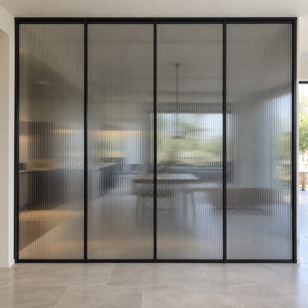 Front view of a grey tinted fluted glass partition with four panels and a slim matte black frame.