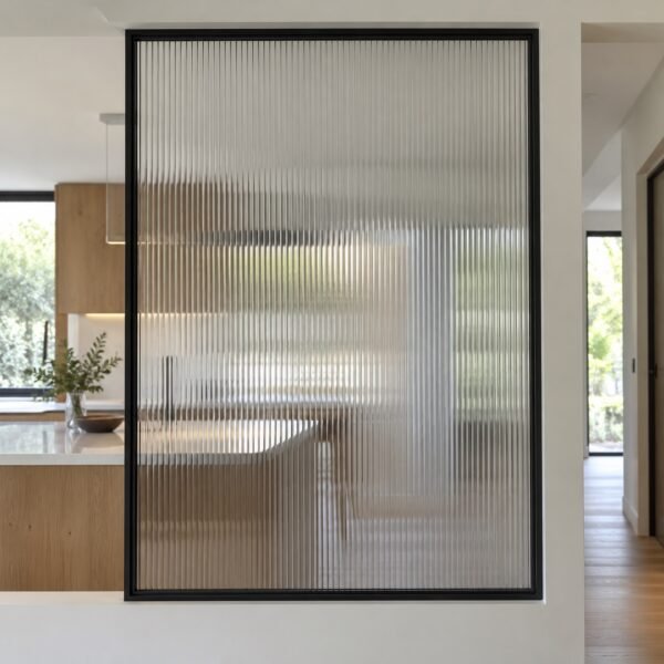 Straight-on view of a clear fluted glass window panel in a slim matte black frame.