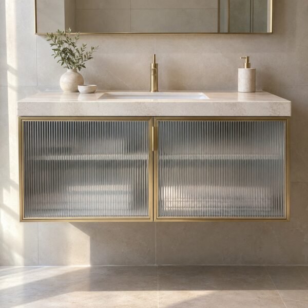 Front view of F29 fluted glass vanity cabinet with brushed brass frame and stone sink top