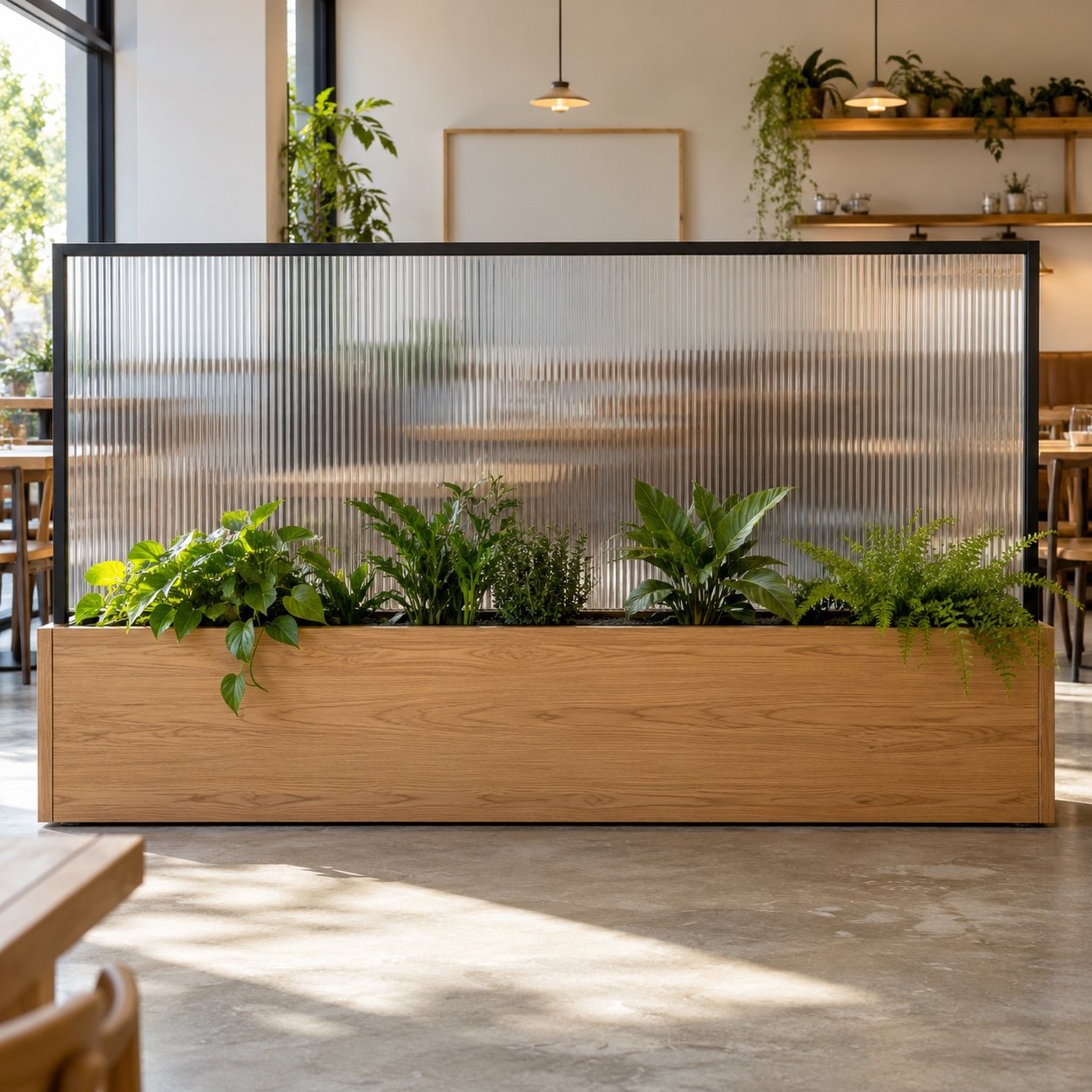 Front view of a UAE fluted glass cafe partition with natural oak planter base and slim black frame