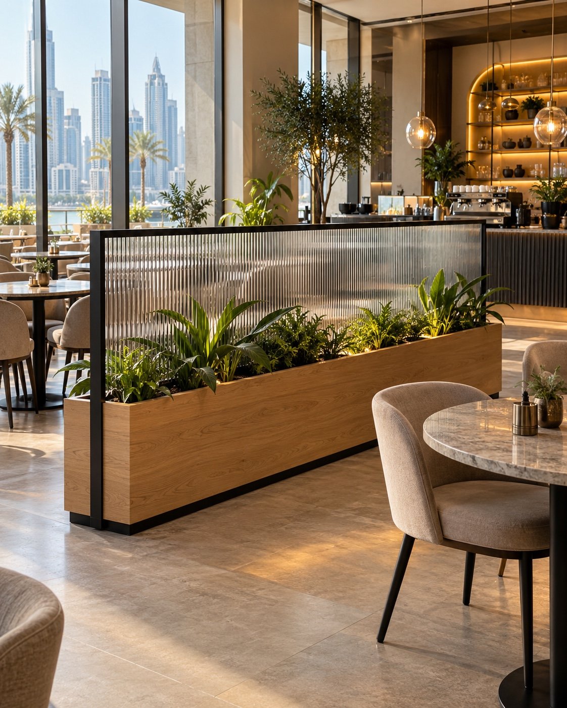 Fluted glass coffee shop partition in place between furniture in an upscale Dubai cafe