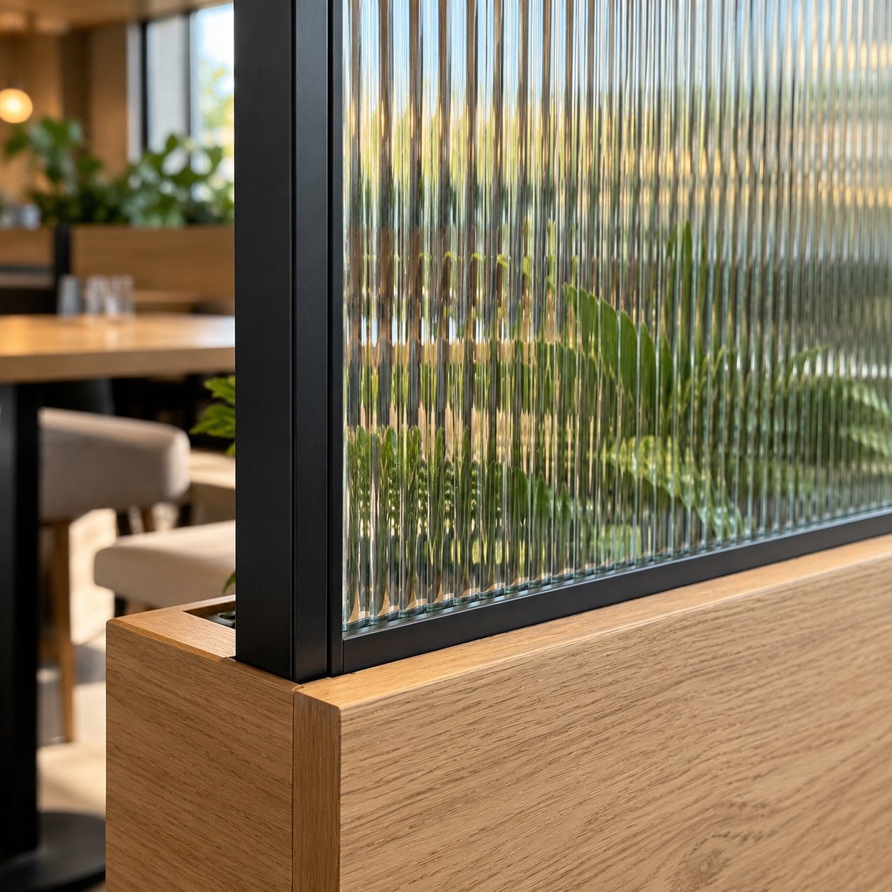 Close-up of fluted glass, matte-black frame edge and natural oak planter base