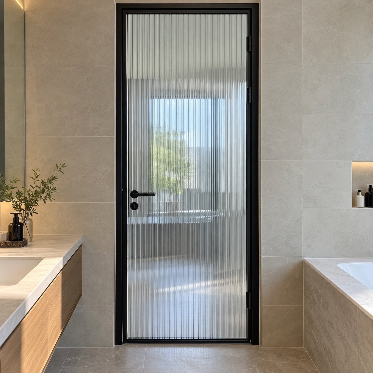 Straight front view of F31 UAE fluted glass hinged bathroom door with slim black frame and black handle.