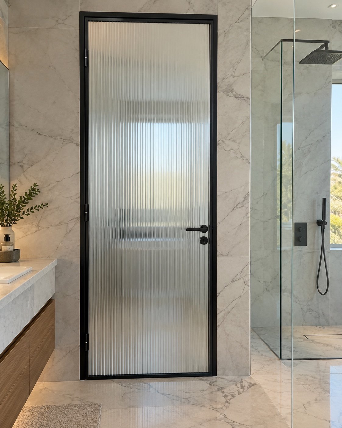 F31 fluted glass hinged bathroom door in a modern UAE villa bathroom with marble tiles and walk-in shower.