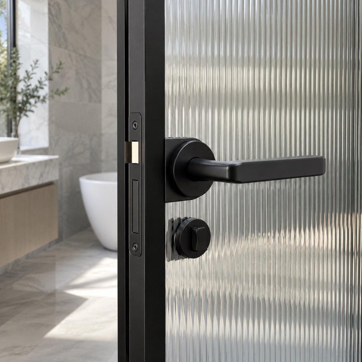 Close-up of F31 clear vertical fluted toughened glass, matte black frame, lever handle and lock.