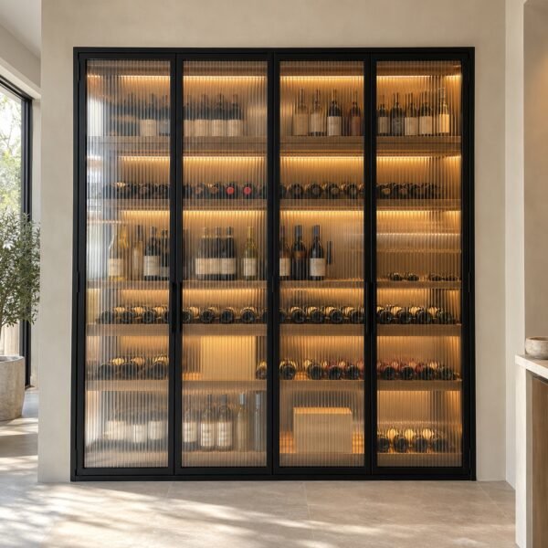 Front view of a black-framed fluted glass wine cellar wall with softly visible bottles and warm LED lighting.