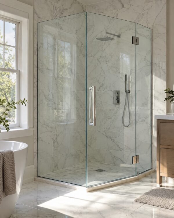 frameless corner shower enclosure in a bright marble master bathroom