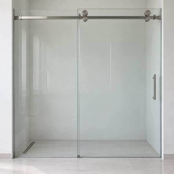Frameless sliding shower door in clear tempered glass with top stainless steel roller rail, front view.