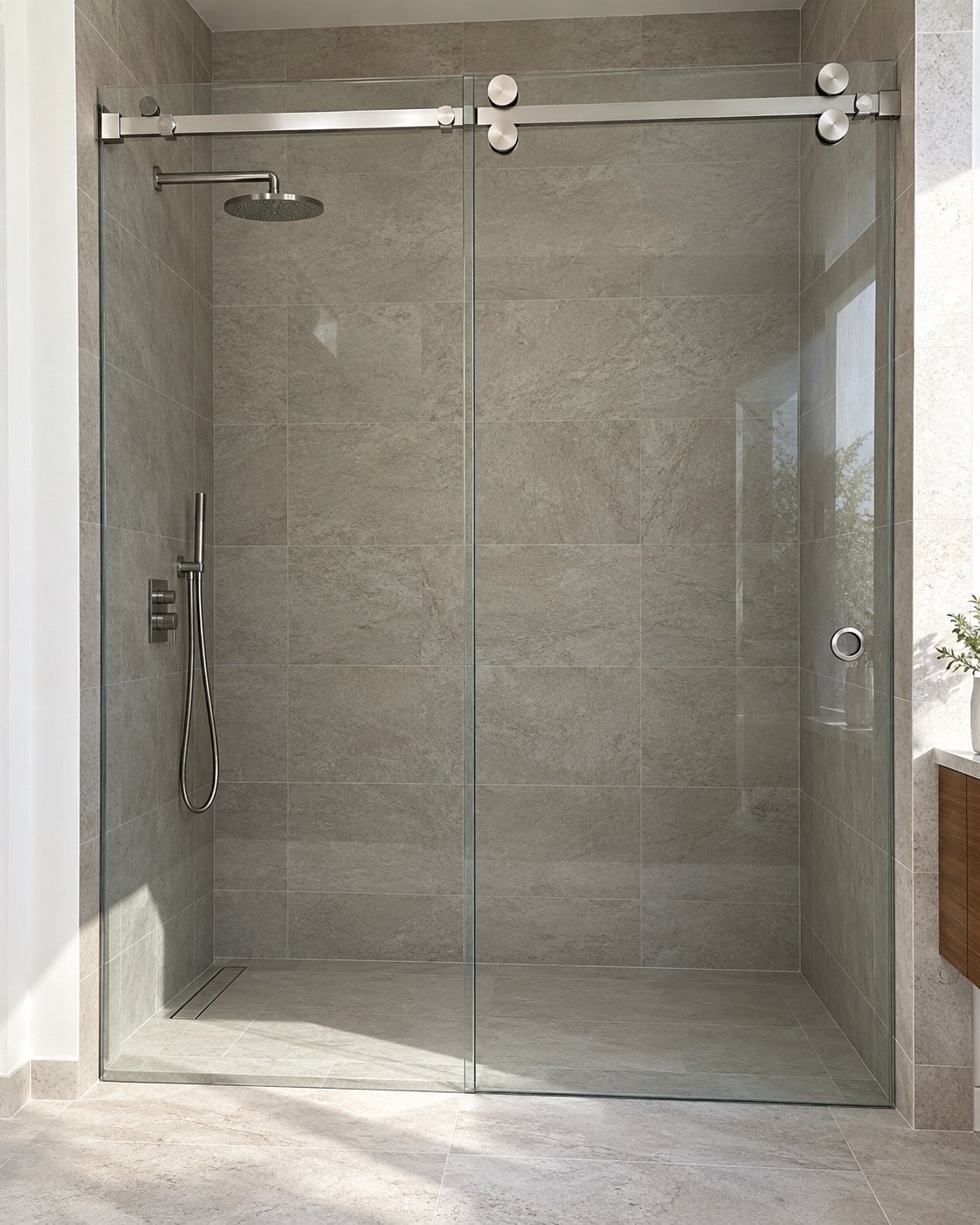 Frameless two-panel sliding shower door in a modern bathroom shower niche.
