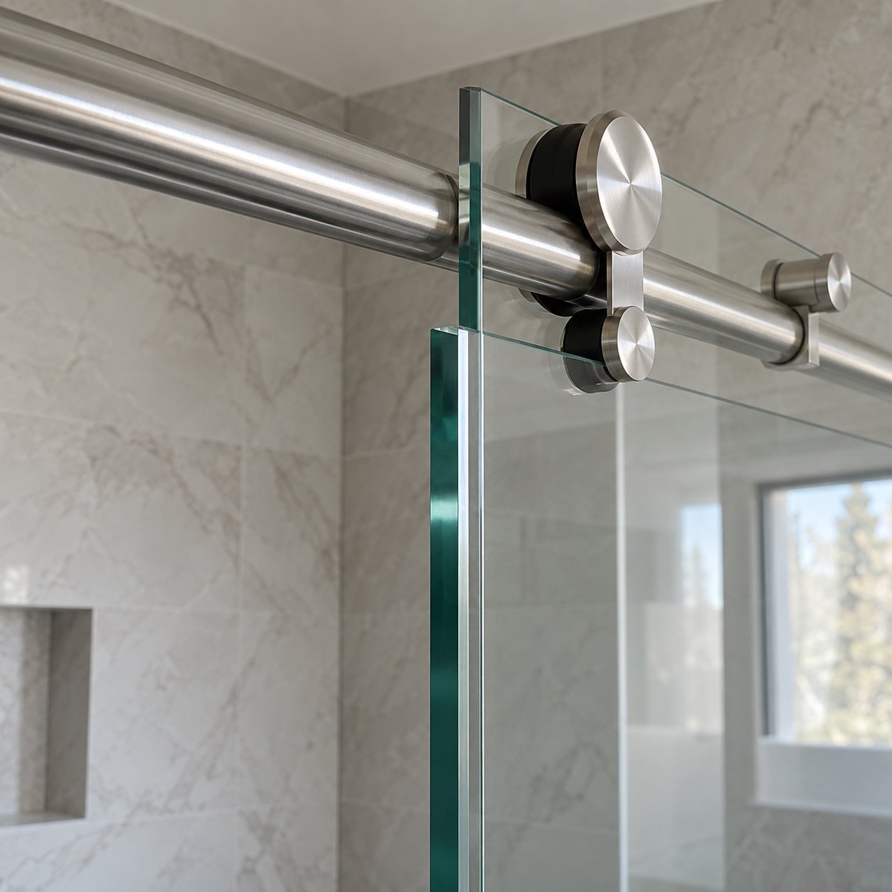 Close-up of clear tempered glass edge and brushed stainless steel top roller rail.