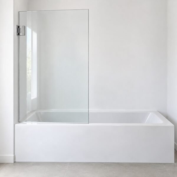 Frameless clear glass bathtub screen with polished edges and chrome hinge on a white bathtub