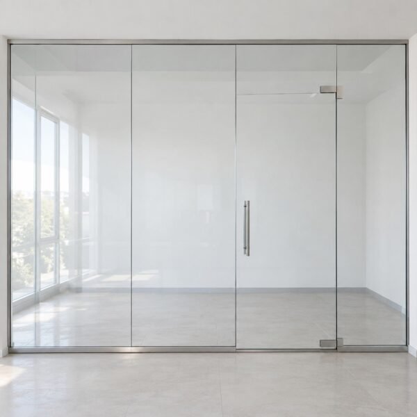 Front view of a frameless clear glass office partition with slim aluminium channels and glass door