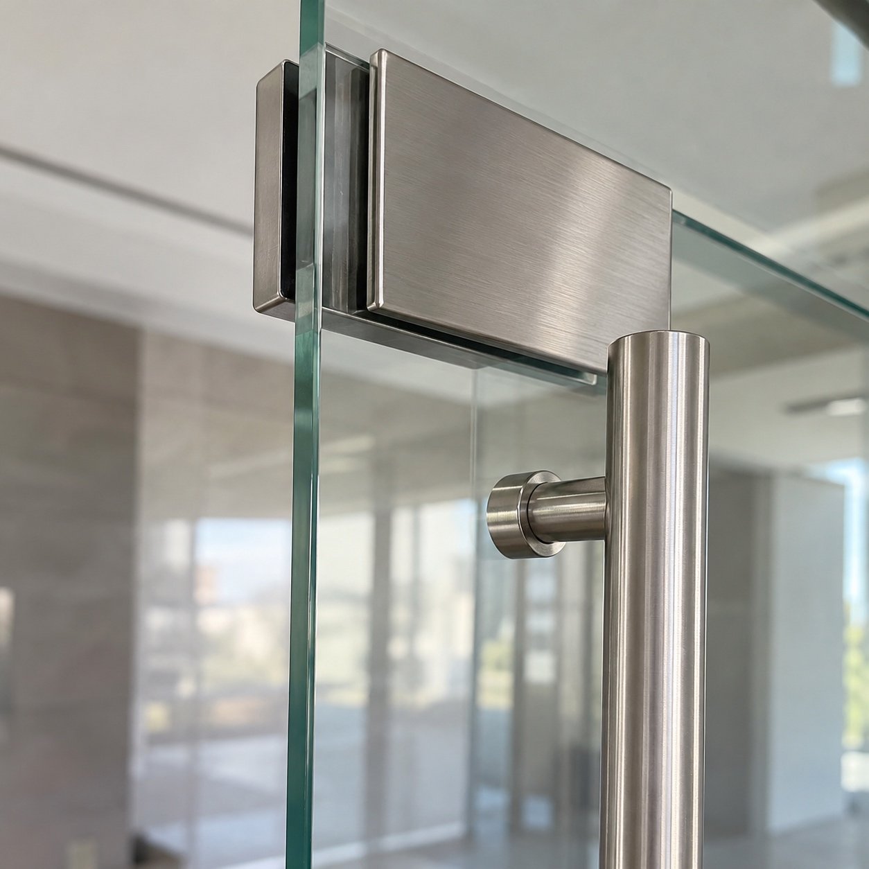 Close-up of clear tempered glass edge, stainless steel patch fitting and pull handle