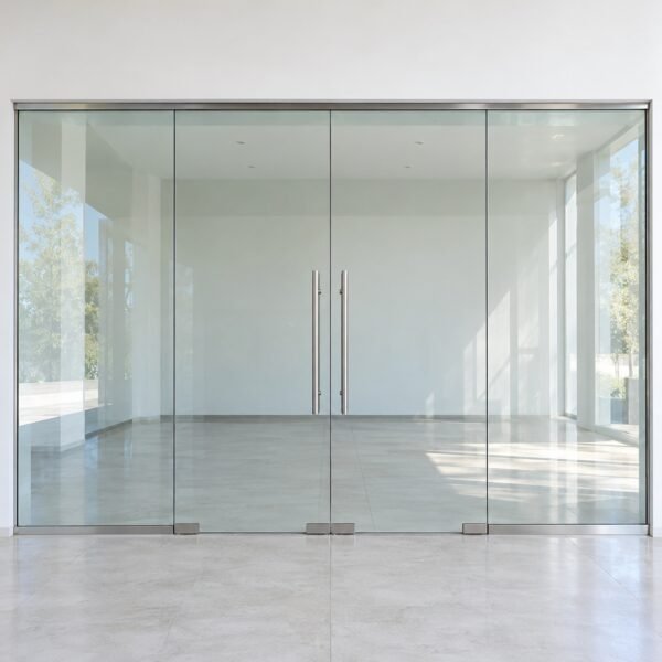 Front view of a frameless clear glass shopfront entrance with paired doors and stainless steel handles
