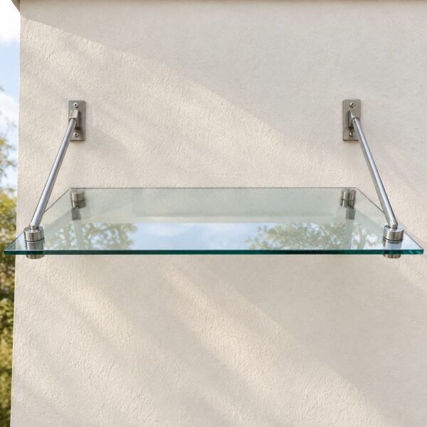 Clear laminated glass entrance canopy with stainless steel wall arms on a plain white wall