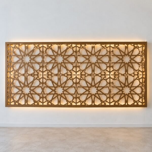 Mashrabiya Headboard Screen in natural wood-look powder coat on a white wall