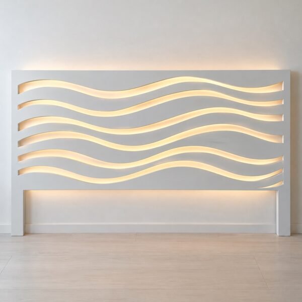 white powder-coated steel wave panel headboard with warm LED backlight, front view