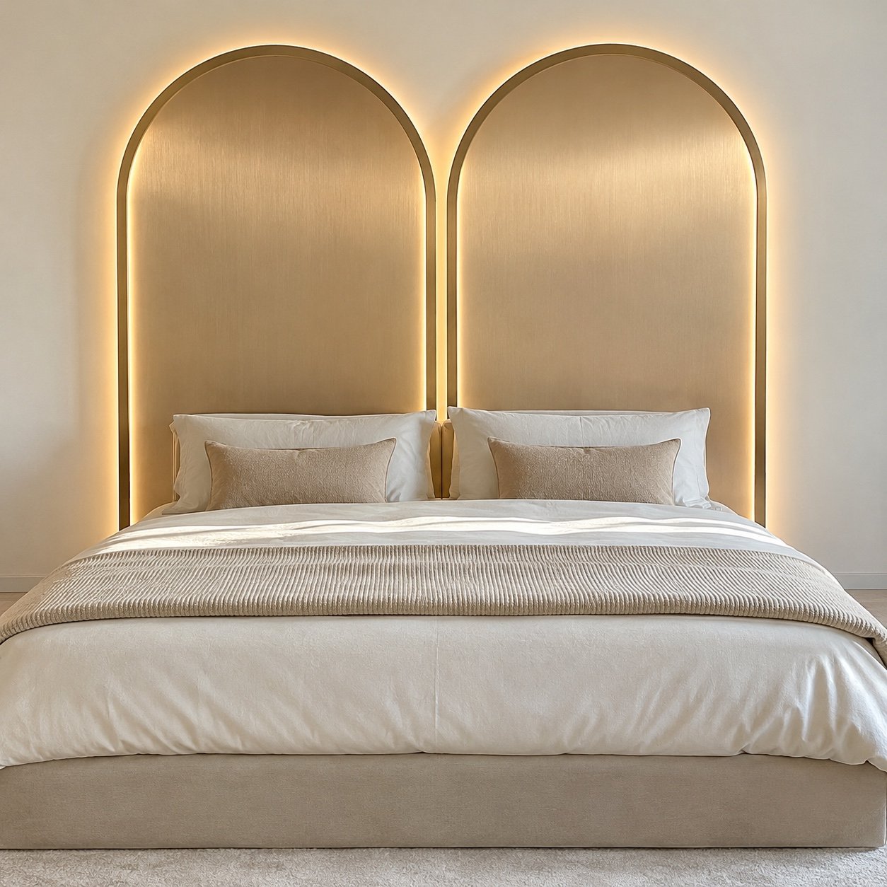 Twin champagne metal arch headboard panels with warm LED backlight on a plain wall