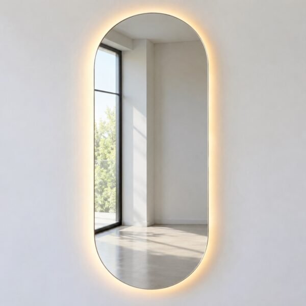 Pill-shaped frameless backlit mirror on a plain white wall