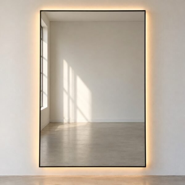 Thin black frame LED mirror shown straight on against a plain white wall