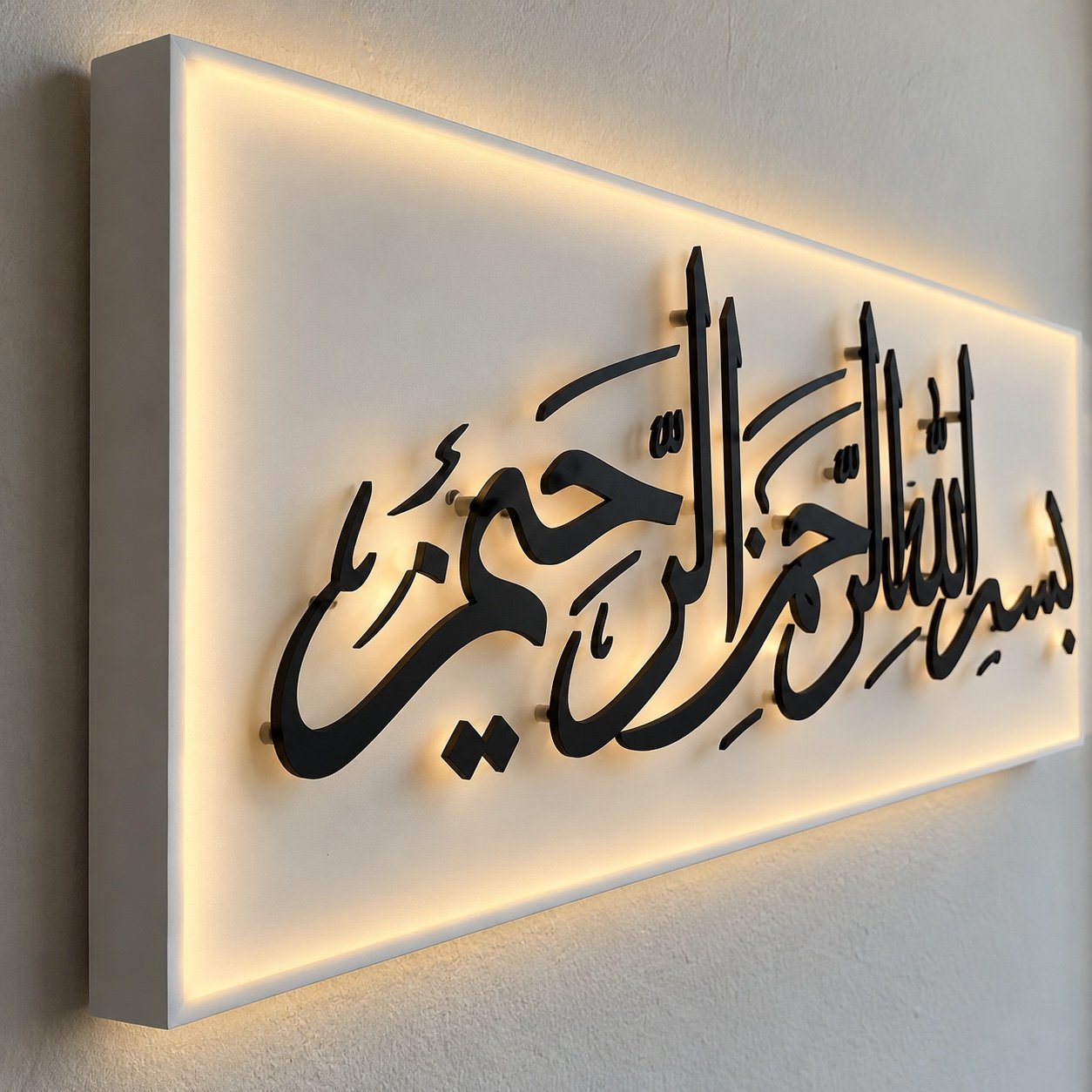 Close-up of the matte white light box edge, black steel calligraphy, 3 cm projection, and LED glow.