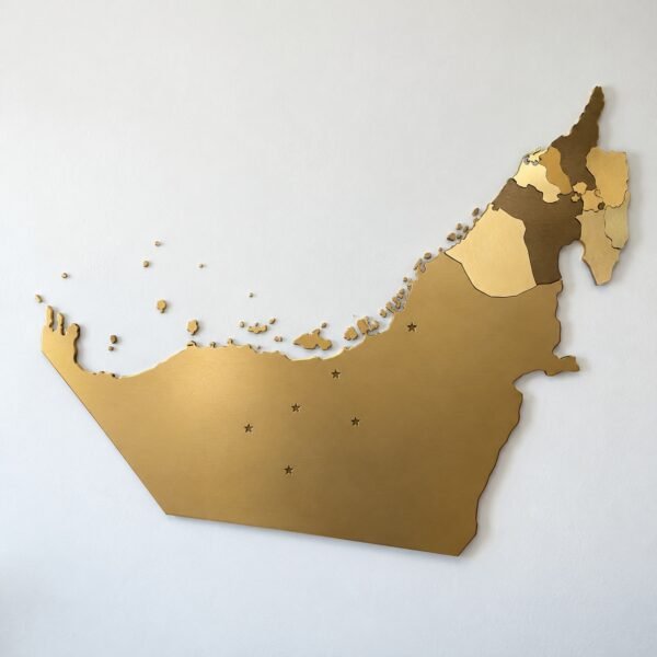 UAE seven-emirate layered steel map wall art in tonal gold finishes, front view