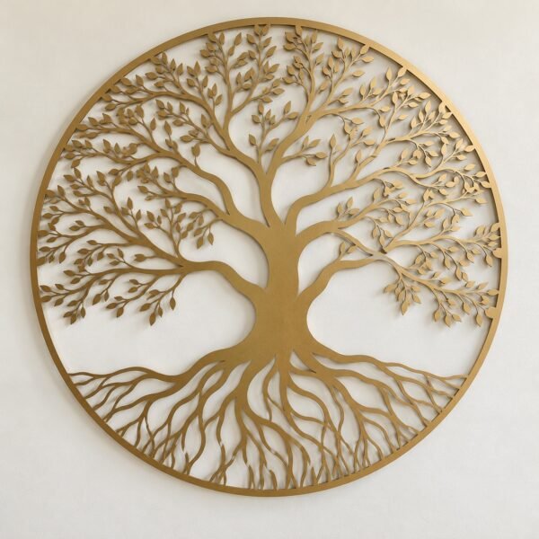 Round champagne-gold laser-cut steel Ghaf Tree wall panel on a plain white wall