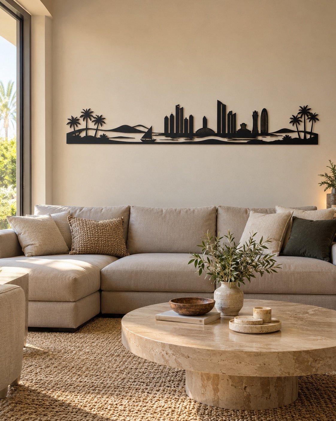 Matte black UAE skyline frieze above a greige sofa in an Abu Dhabi villa living room