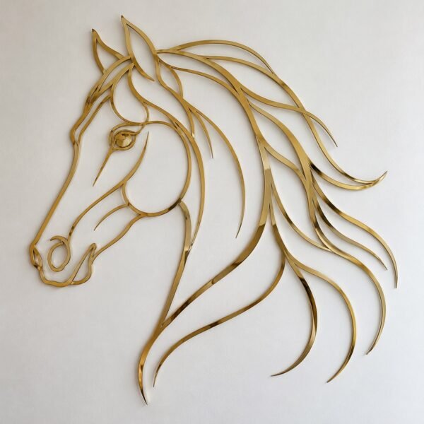 Mirror-gold PVD steel Arabian horse single-line wall art on a white wall