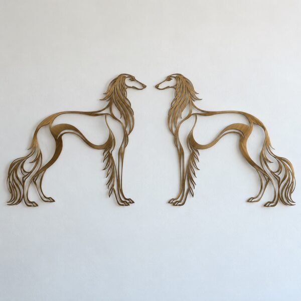 Front view of brushed bronze PVD steel Saluki Pair Wall Art on a white wall