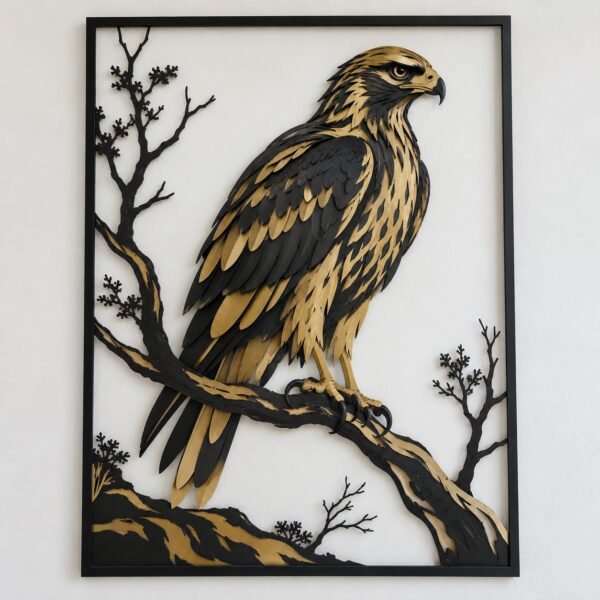 Desert hawk perched on a desert branch, layered black and gold metal wall panel on a white wall