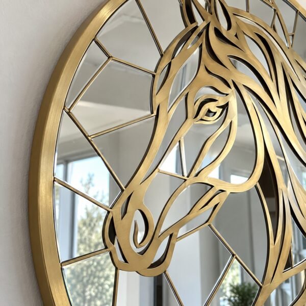 Round 90 cm Arabian horse mosaic mirror with gold laser-cut steel on a plain white wall