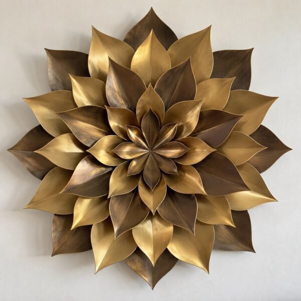 Desert Rose Bloom layered gold and bronze steel wall sculpture on a plain white wall