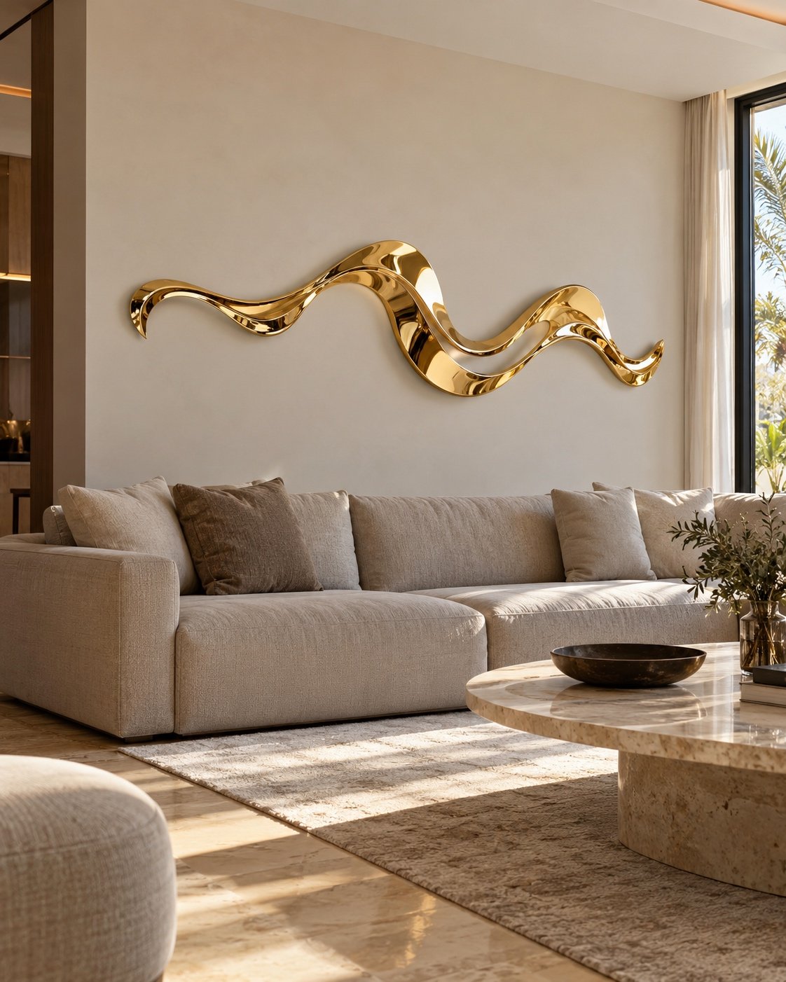 Liquid gold abstract wall sculpture above a greige sofa in an Abu Dhabi villa living room