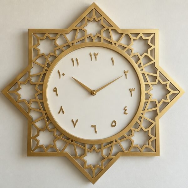 Gold steel eight-point star geometric wall clock with Arabic-Indic numerals on a plain white wall.