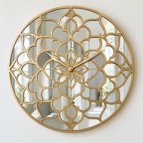 N031 70 cm gold arabesque mirror clock on a plain white wall, front view.