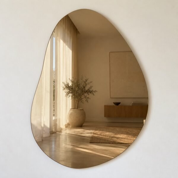 Frameless bronze-tinted asymmetric organic pebble mirror on a plain white wall, front view.