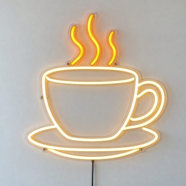 Front view of a 60 x 60 cm coffee cup steam LED neon sign on a plain white wall, with a warm-white cup and amber steam.