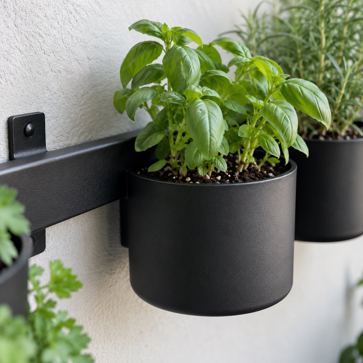 Close-up of the matte black powder-coated steel edge and round herb planter on the wall hung planter rail.