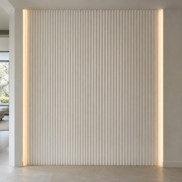 White fluted Corian wall cladding panel with concealed warm LED, straight front view.