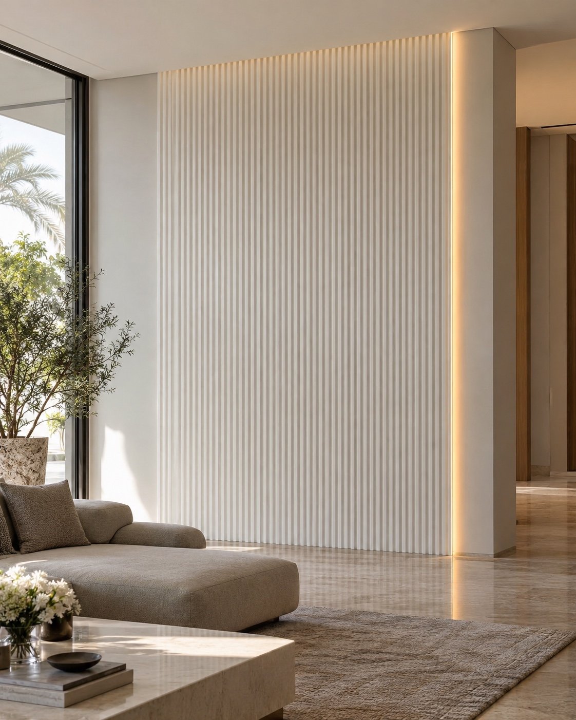 Fluted white Corian wall cladding with warm concealed lighting in an Abu Dhabi villa living room.
