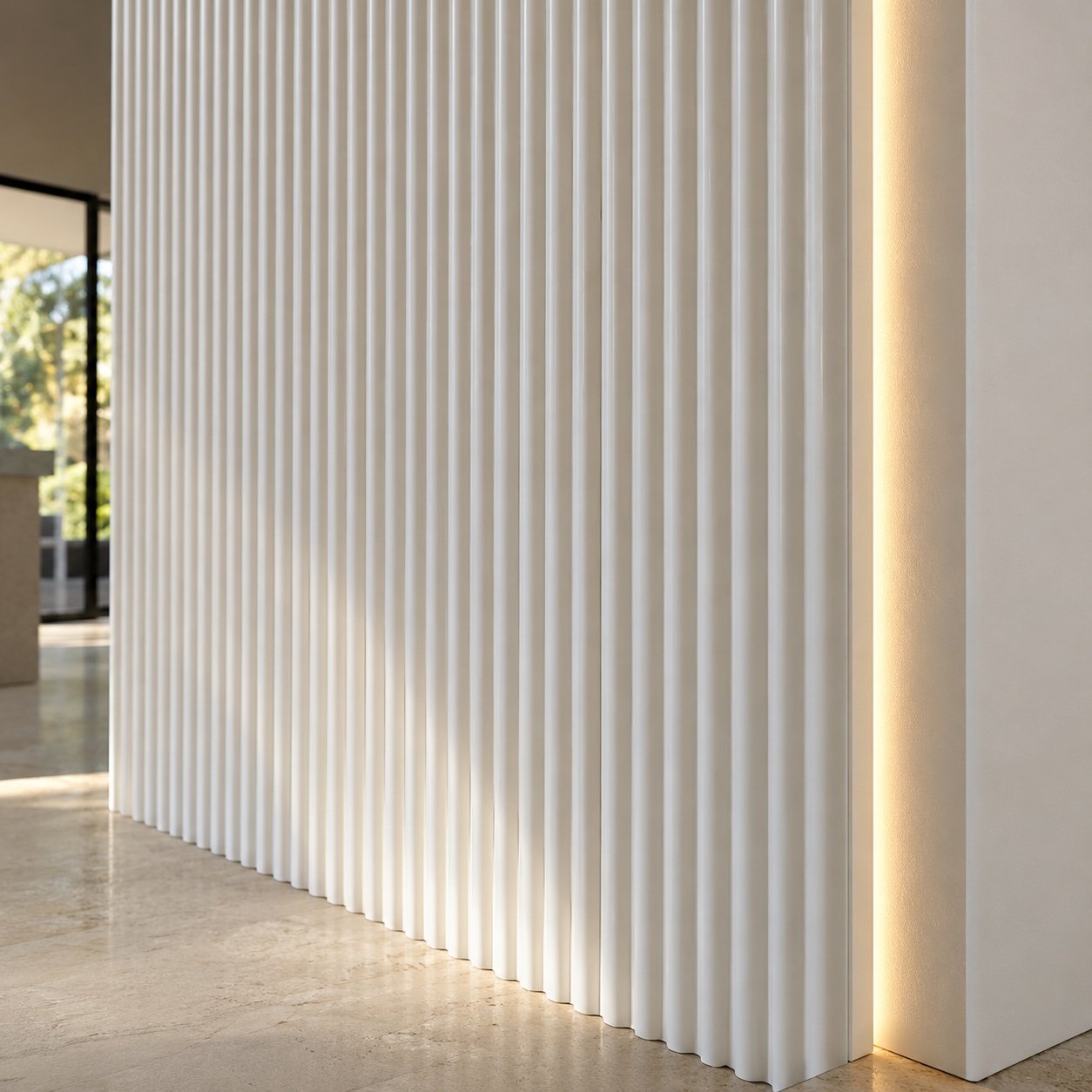 Close-up of the white Corian flutes, finished edge, and concealed warm LED glow.