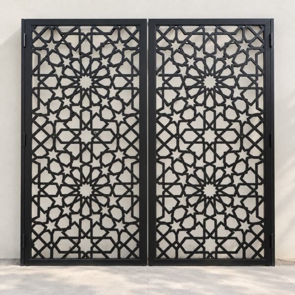 Pair of black powder-coated villa gate panels with an original geometric arabesque laser-cut pattern, shown front-facing against a light wall.